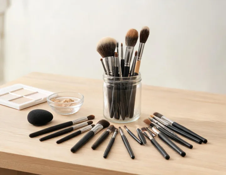 Makeup Brushes Sourcing on a cosmetics bench, illustration only