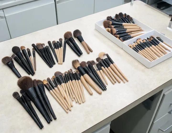 makeup brush supplier on a cosmetics bench, illustration only