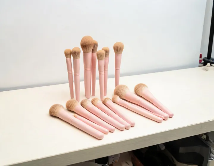 pink makeup brush wholesale on a cosmetics bench, illustration only
