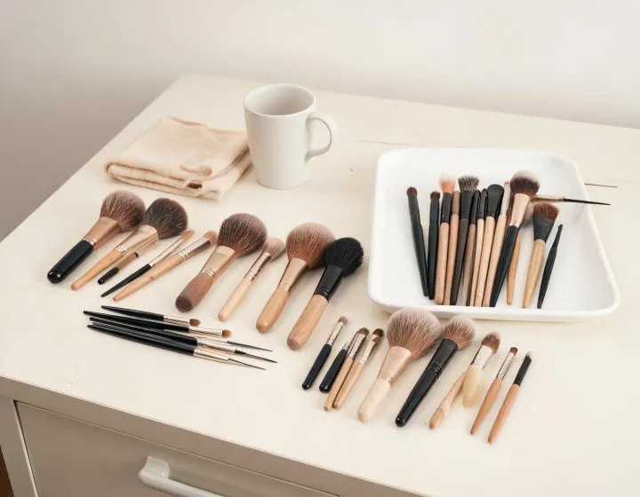 makeup brush supplier on a cosmetics bench, illustration only